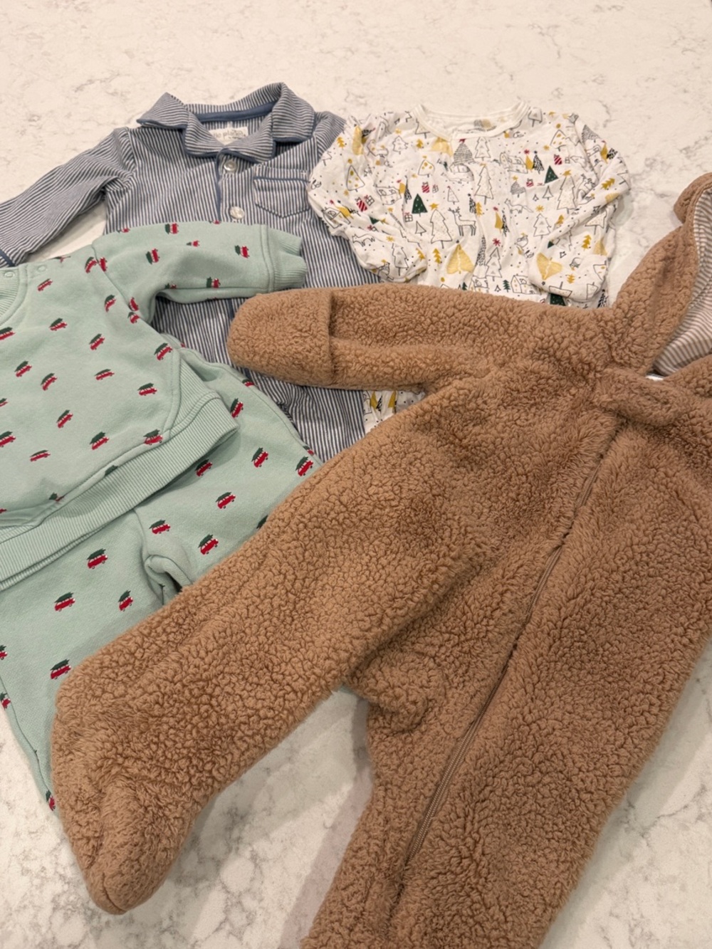 3 month holiday wear including Cozy Brown Sherpa Footed One-Piece